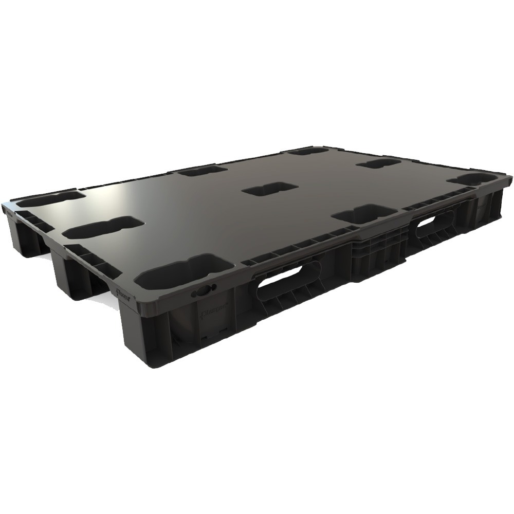 32 x 48 Solid Deck Nestable Plastic Pallet with Racking Runners - Black - Assembled