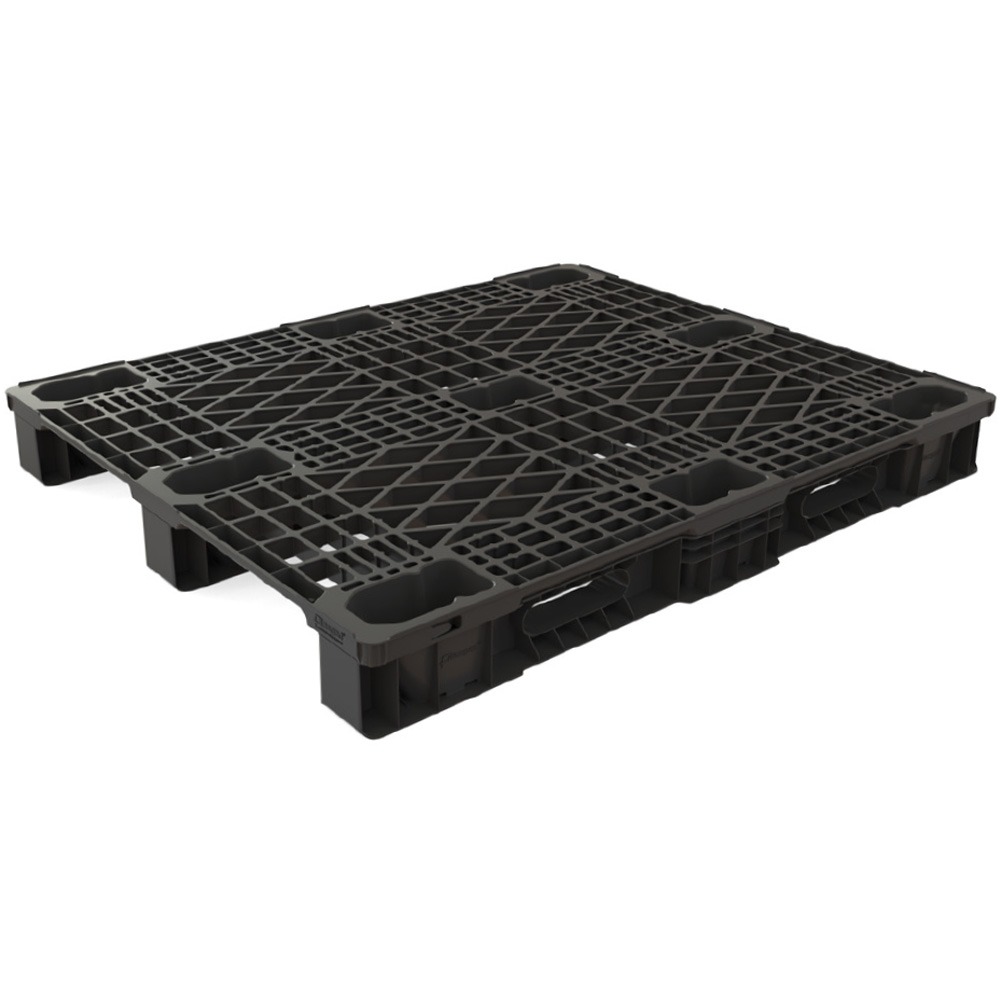 32 x 48 Open Deck Nestable Plastic Pallet with Racking Runners - Black - Assembled